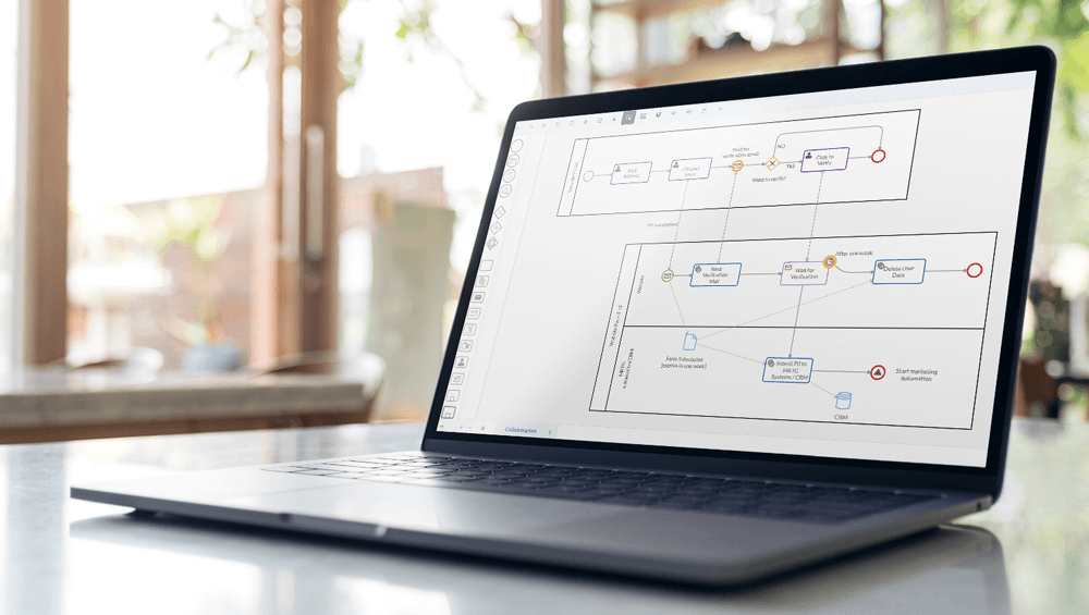 a laptop showing a bpmn 2.0 diagram