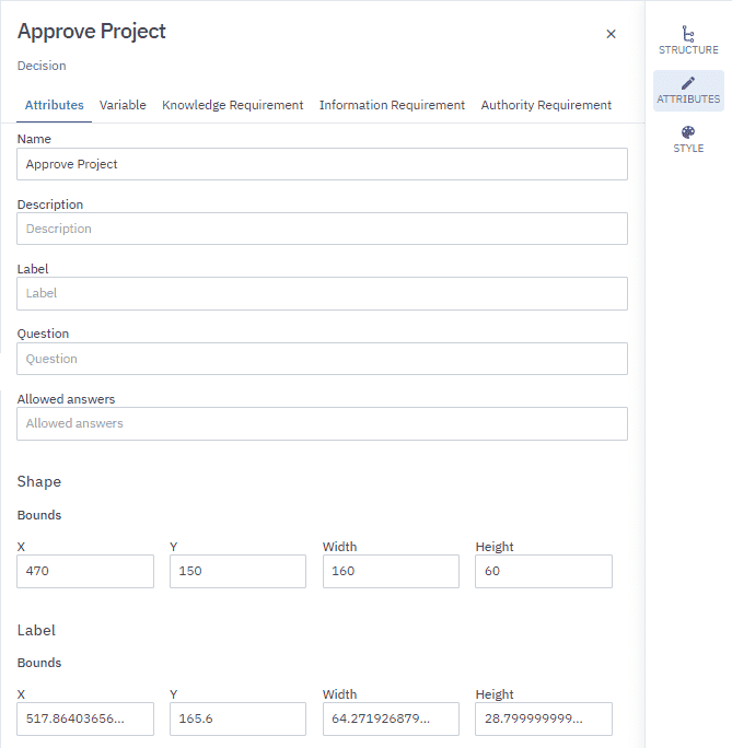 DMN Element Attributes panel in Cardanit