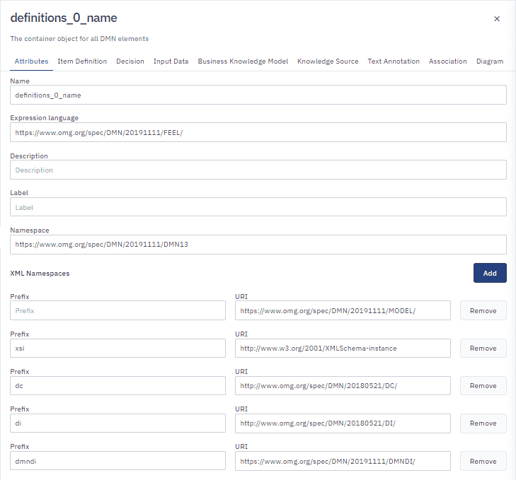 configuring decision definitions in a DMN model from the Attributes panel