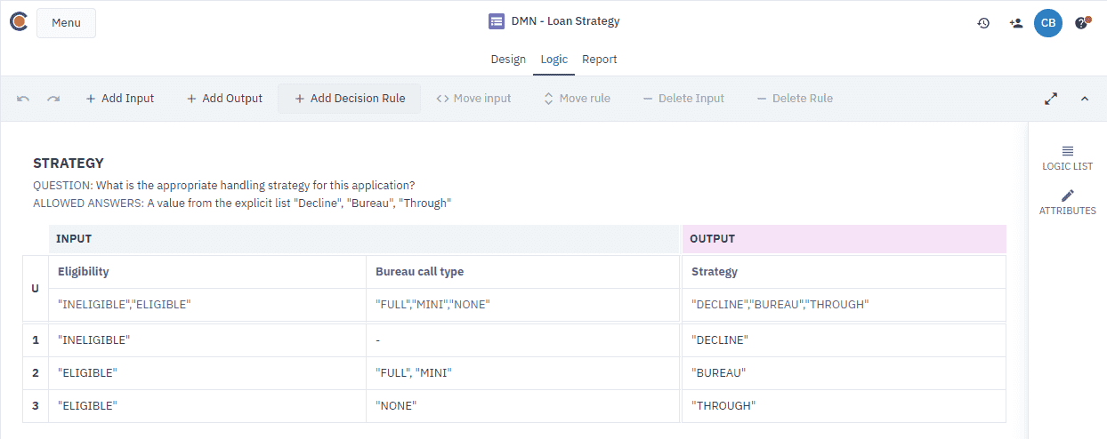 configuring a decision table in the Logic tab