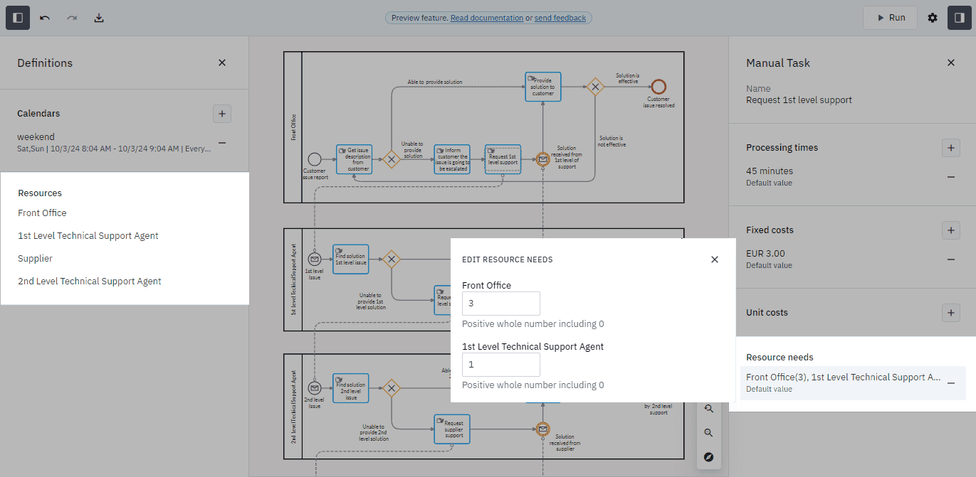 process with resource settings in Definitions and Parameter panes